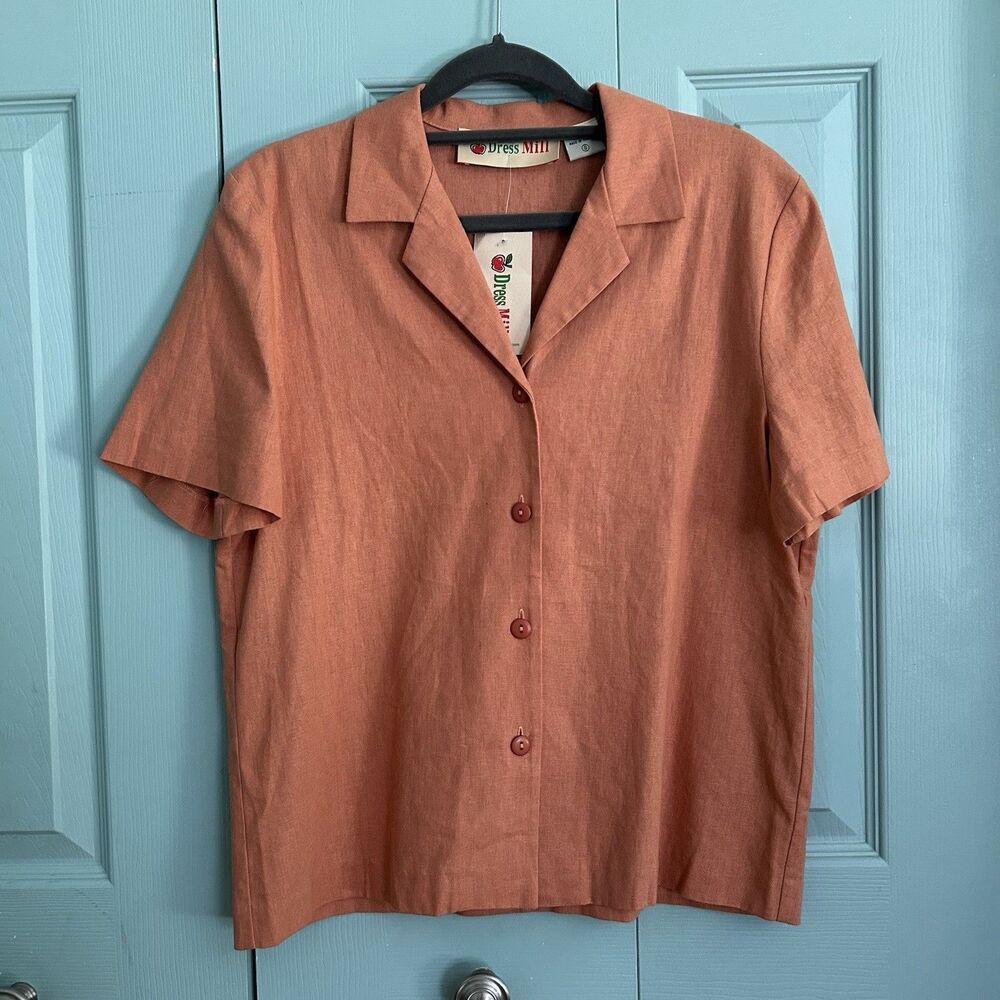 Dress Mill Womens Linen Blend Button Front Top Small Burnt Orange Collared
